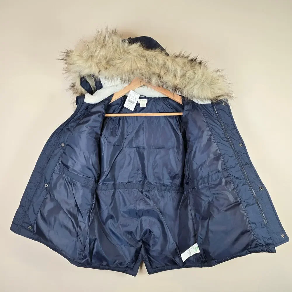 J.Crew Crewcuts Kids Fishtail Parka Size S/6 Navy Blue Faux Fur Winter Coat Hood